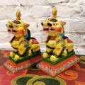 Drewniane posążki lwów / żółte / 2 sztuki - zestaw / 24x10x17cm / Śnieżny lew / Nepal