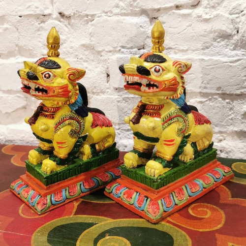 Drewniane posążki lwów / żółte / 2 sztuki - zestaw / 24x10x17cm / Śnieżny lew / Nepal