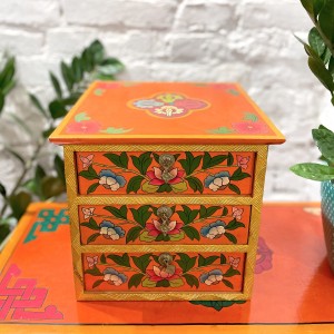 komódka z 3 szufladami / pomarańczowa /  orientalne kwiaty / 27.5 x 27.5 x 25 cm / Nepal