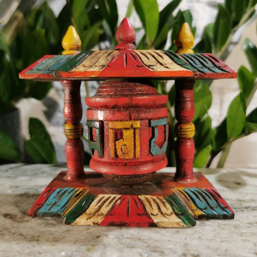 Młynek modlitewny / drewniany / ręcznie malowany / 12,5 x 13 x 6 cm