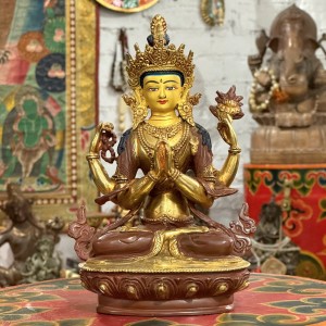 Posążek CHENREZIG / mosiądz pozłacany / wysokość 22,5 cm / rękodzieło nepalskie