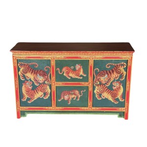 Szafka drewniana zielona w tygrysy / orientalna / wys. 75,5cm / himalajska